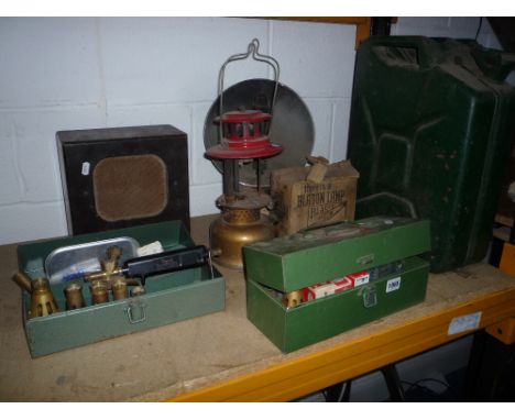 A QUANTITY OF MISCELLANEOUS ITEMS, including jerry can, tilley lamp, etc