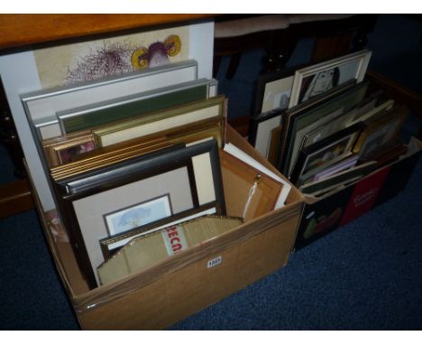 A WALL MIRROR, and two boxes of assorted pictures etc including Ltd edition prints