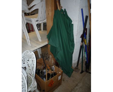 A PINE HANGING SHELF, three curtain rails and a box of miscellaneous