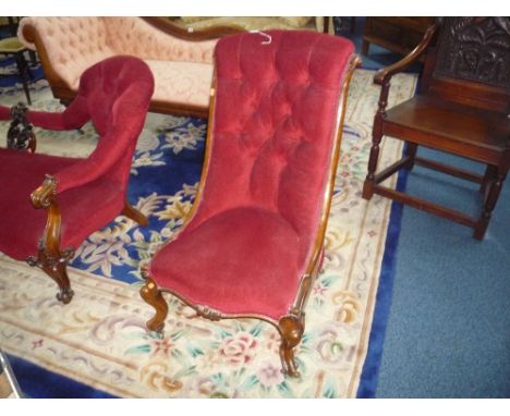 A VICTORIAN RED UPHOLSTERED BUTTON BACK CHAIR, with carved mahogany frame