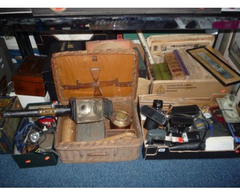 SIX BOXES/HAMPER AND LOOSE SUNDRY ITEMS, to include cameras, books, records, newspapers, coach lamp, wicker picnic basket etc