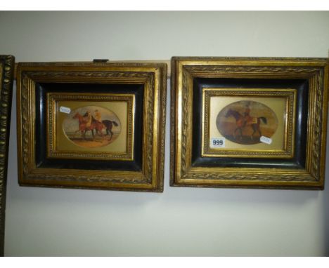 A PAIR OF OVAL PRINTS, hunting scenes, approximately 9.5cm x 13cm