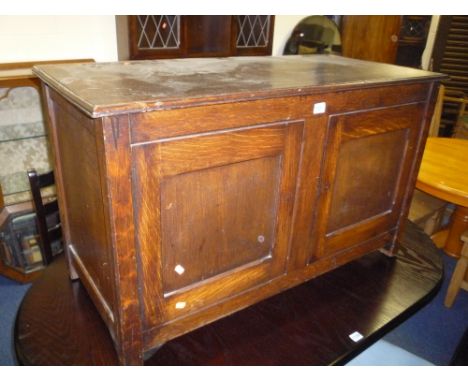 AN OAK BLANKET CHEST, china cabinet, standard lamp with shade, wall mirror and two pictures (6)