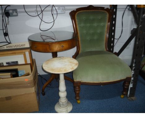 A LATE VICTORIAN BUTTON BACK BEDROOM CHAIR, a modern mahogany drum table and a small pedestal table (3)