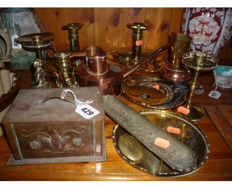 VARIOUS COPPER AND BRASS, to include Arts and Crafts tobacco/tea caddy with lead liner (sd), brass chamber sticks etc