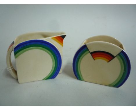 CLARICE CLIFF 'BIZARRE' FOR NEWPORT POTTERY, milk and sugar, 'Stomford' shape, back stamps to base (2)