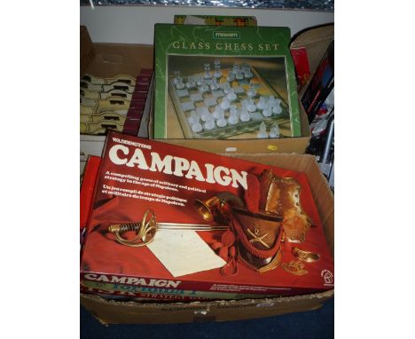 A QUANTITY OF BOXED GAMES, to include Maxim glass chess set, Denys Fisher 'Conquest', Parker 'Risk', Waddingtons 'Campaign', 