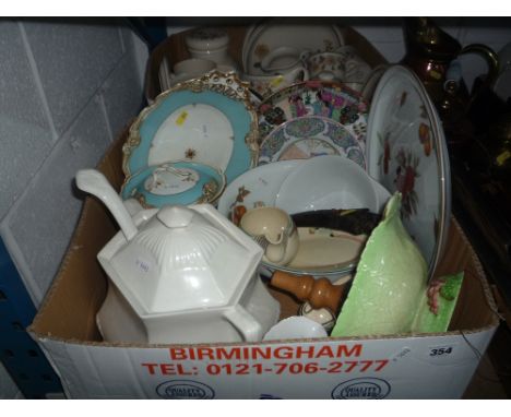 TWO BOXES OF CERAMICS, small Kukri knife etc, to include 'Autumn Leaves' dinnerwares, Royal Worcester, Carltonware etc
