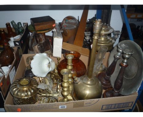 TWO BOXES AND LOOSE SUNDRY ITEMS, metalware, light shade etc
