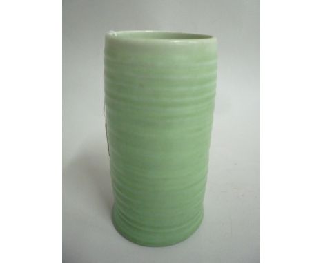 A CLARICE CLIFF RIBBED TUBULAR VASE, approximate height 16cm