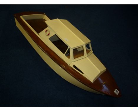 A WOODEN SCRATCHBUILT OR KIT BUILT MOTOR BOAT, engine removed, some other missing items, length approximately 85cm
