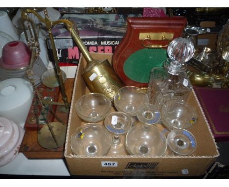 VARIOUS GLASSES, bottle jack, scales, weights, boxed car air horns etc