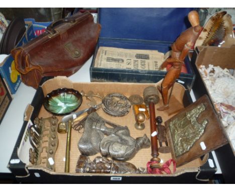 VARIOUS SUNDRY ITEMS, to include 'Richard Fisher' ceramic plaques, suitcase of newspaper, artist's articulated model of a fig