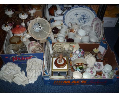 THREE BOXES AND LOOSE CERAMICS, GLASS, CEILING LIGHT, etc