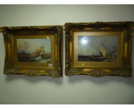 A PAIR OF GILT FRAMED PRINTS, boats in stormy seas, Koekkoek, approximately 22cm x 32.5cm