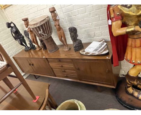 Vintage Scandart Ltd long john sideboard, 73cm by 222cm by 46cm together with a similar drop leaf dining table and set of fou