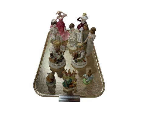 Tray lot with three Coalport and one Royal Doulton figure, pair Goebel figures, three Bunnykins, etc (11).