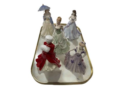 Two Royal Worcester figures, two Coalport figures and one Royal Doulton figure, with boxes (5).