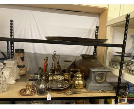 Large copper beaten pot, large trays, mantel clock, various metalwares including ornate candle holders, trivet, kettles, etc.