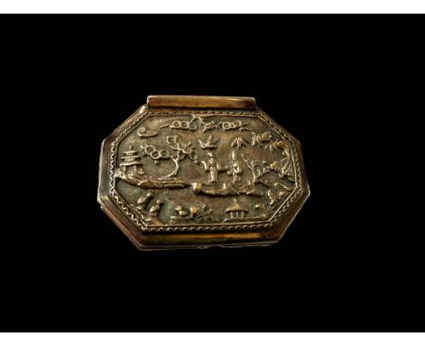 Good quality silver gilt snuff box with chinoiserie relief decoration and 'replica' inscription from King Charles 2, London 1