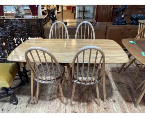 Vintage Ercol six piece dining suite comprising Windsor two door sideboard, 68.5cm by 155.5cm by 46cm, rectangular dining tab