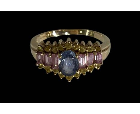 Blue, pink and yellow sapphire 9 carat gold ring, size S.