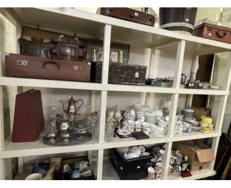 Wedgwood Westbury table service, silver plated wares, glass decanters, figurines, decorative porcelain, typewriter, prints, e