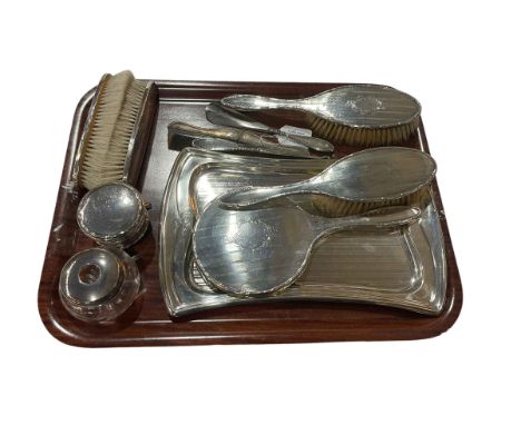 Silver dressing table tray, brush set, ring box, hair tidy, etc.