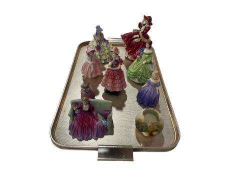 Seven Royal Doulton figures including Sweet and Twenty and Maisie HN1619, Royal Worcester figure and Ayrton fruit painted vas
