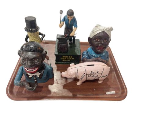 Five reproduction metal money banks. These items are listed on the basis they are illustrative of a bygone culture in which t