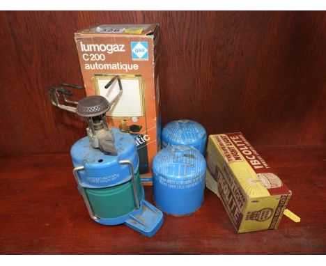Camping Light, Stove, 2x Spare Gas Canisters and Boxed Night Light 