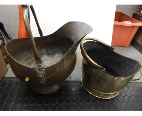 2x Brass Coal Buckets - One with Ceramic Handle 