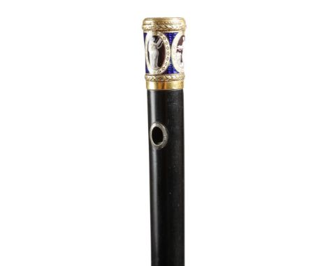 A George III gold and enamel mounted walking cane, the handle with initials' SB' within chased laurel leaf borders, intersper