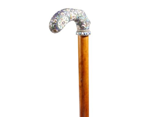 A Russian cloisonné enamel and silver mounted walking cane, the handle decorated with leaves and flowers, the silver marked '