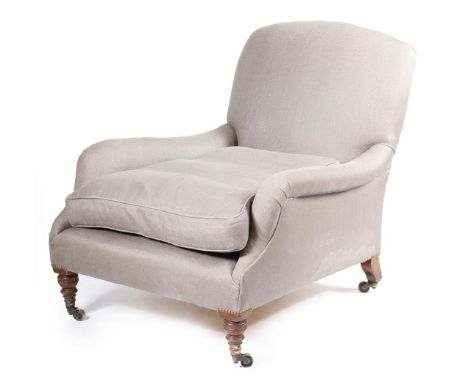 A late Victorian walnut open easy armchair by Howard & Sons Ltd, with later button upholstery, with turned front legs and bra