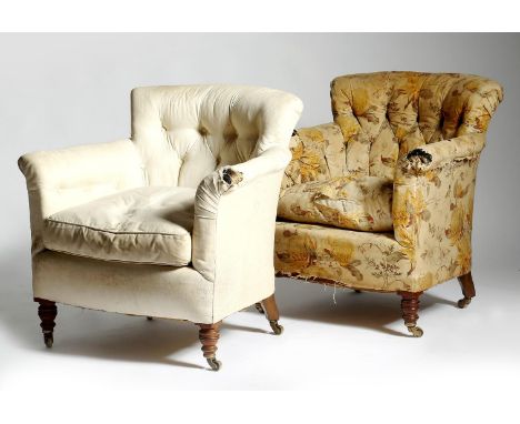 A matched pair of late Victorian walnut tub armchairs by Howard & Sons, each with a button upholstered back, with scroll arms