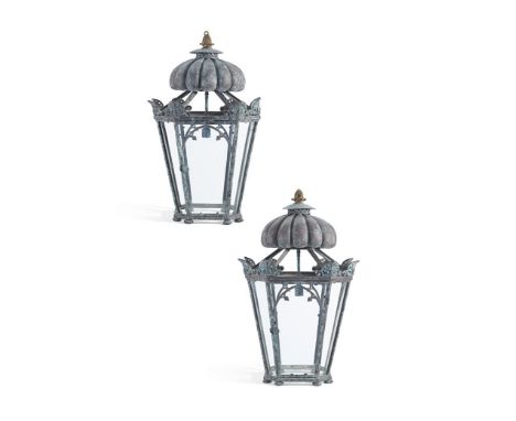 A pair of copper hall lanterns in Regency style by Jamb, each with a verdigris finish and a gilt cone finial, above a lobed t
