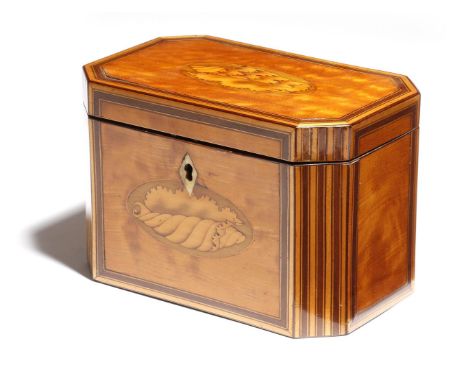 A George III satinwood tea caddy, of canted rectangular form, inlaid with banding and with marquetry panels of conch shells, 