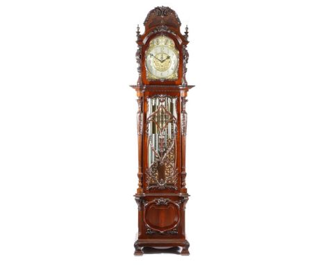 A large George III style mahogany chiming longcase clock of exhibition quality, the substantial brass three train movement wi