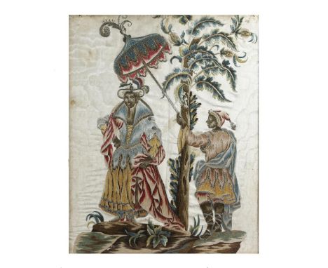 A rare pair of embroidered silk pictures, worked with coloured silks and gold and silver metal thread, with French knots on a