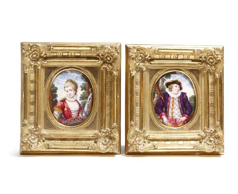 A pair of 19th century enamel oval plaques, depicting a lady and a gentleman, each in a woodland setting, 8.5 x 6.3cm, in gil