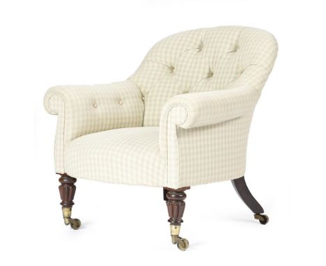 A George IV goncalo alves easy armchair in the manner of Gillows, later button upholstered with gingham fabric, on ribbed tap