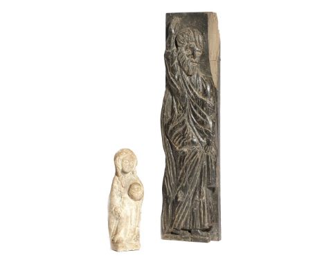 A Medieval style sandstone figure of a female saint, wearing a cloak and holding something in her left hand, 12.3cm high, tog