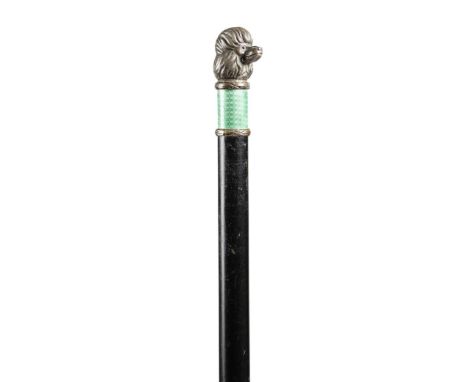 A Russian silver and enamel mounted walking cane, the handle in the form of a poodle dog's head, with glass eyes above laurel