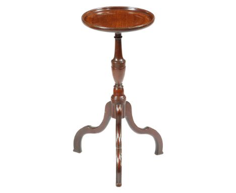 A George III mahogany tripod wine table, the later dished top on a vase turned stem and channelled scroll legs, 56.2cm high, 