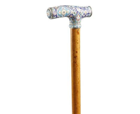 A Russian cloisonné enamel and silver mounted walking cane, the handle decorated with leaves and flowers, the silver marked '