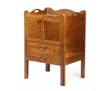 A George III mahogany tray-top bedside commode, the shaped gallery pierced with a pair of handgrips, above a pair of satinwoo