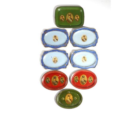 Eight continental tôle peinte dishes for the Islamic market, each printed with a portrait of Muzaffar al-Din Shah Qajar, some
