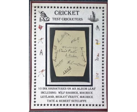 Test Cricketers signature piece 12x8 including 10 ink signatures on album leaf. Signatures include Hedley Verity Yorkshire an