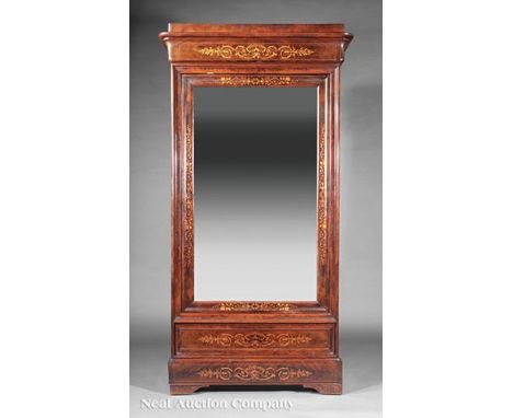 Antique Louis Philippe-Style Inlaid Rosewood Armoire , molded cornice over a single mirrored door, drawer below, bracket feet